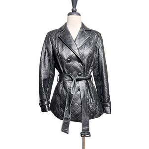 Preston & York Vintage Quilted Leather Coat Belted Peacoat Size Small